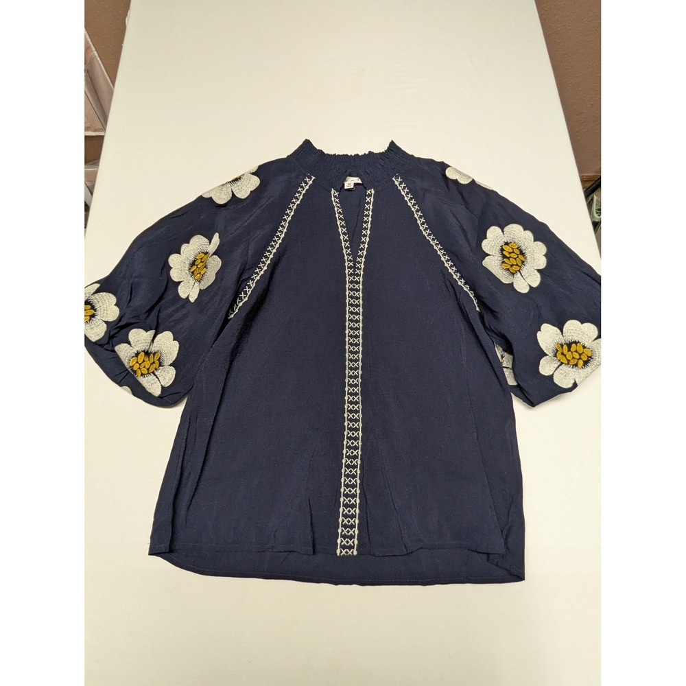 THML Navy Blue Floral Embroidered Puff Sleeve Peasant Blouse XS WCT2036-N